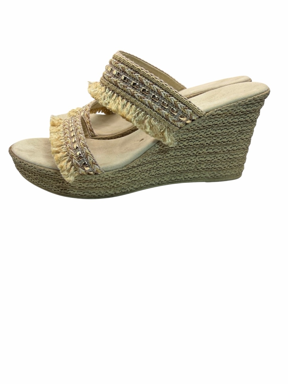 Italian Shoemakers Beige Braided Fringe Espadrille Wedge Sandals